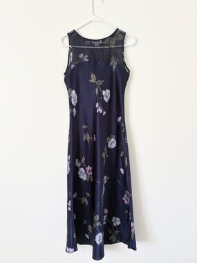 Jones New York Vintage 1990s Navy Floral Satin Mesh Sleeveless Slip Dress Small
